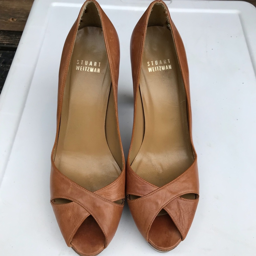 Stuart Weitzman Tan Peep Toe Platform Heels - image 1